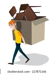 man carrying heavy box isolated vector illustration full body cartoon