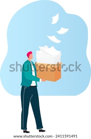 Man carrying heavy box of papers, overwhelmed by work tasks. Office worker with too much paperwork vector illustration.