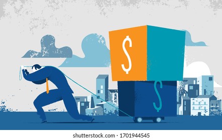 Man carrying heavy boxes with a dollar sign on them. Concept for weight of taxes, financial debts, paying interest to creditors