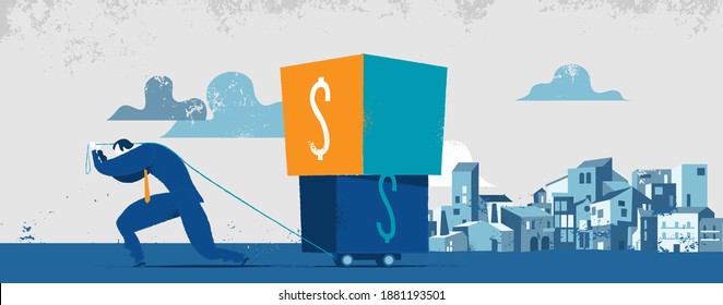 Man carrying heavy boxes with dollar sign. Concept for burden of taxes, financial debts, payment of interest to creditors