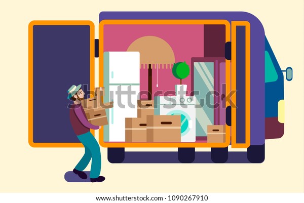 Man carrying heavy boxes\
to the moving truck full of furniture and boxes. Flat vector\
illustration.