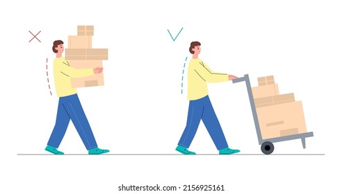 Man carrying heavy boxes wrong and right on trolley, flat vector illustration isolated on white background. Back and spine safety manual for employees. Weight lifting concept.