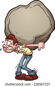 Man carrying a heavy burden, a huge rock. Vector clip art illustration with simple gradients. Man and rock on separate layer.