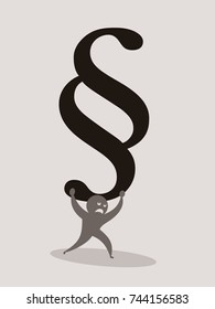 Man is carrying heavy symbol of section and paragraph. Metaphor of trouble and problem with law, justice and legal code. Being defendant and accused person. Vector illustration