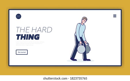 Man carrying heavy weights of unbearable burden. Template landing page design with concept of bankrupt, financial crisis or depression. Linear vector illustration