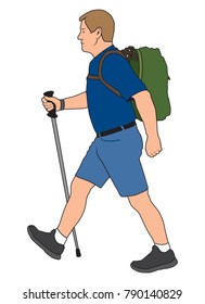 A man carrying a hiking pole and wearing a backpack is taking a walk