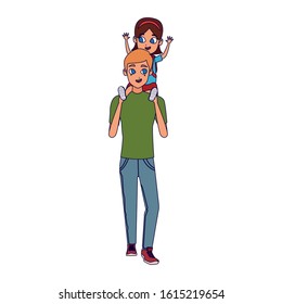 man carrying his daughter on his shoulders over white background, vector illustration