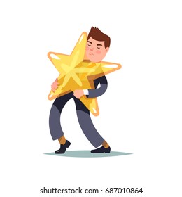 Man Carrying In His Hands A Gold Star. Famous Person Burdened By His Popularity. Vector Cartoon Illustration Isolated