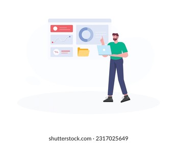 a man carrying his laptop presenting a business that is being developed so that it can be successful in the future
flat design
vector illustration