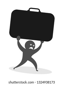 Man is carrying and holding heavy baggage and luggage - black suitcase. Vector illustration