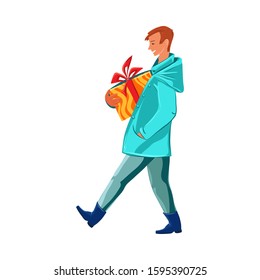 Man carrying holiday present box in hands vector illustration