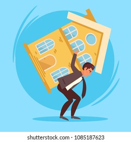 Man carrying a house. Concept, Mortgage Loan Vector. Cartoon. Isolated art on blue background. Flat
