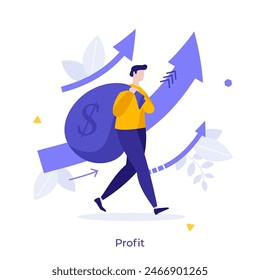 Man carrying huge bag of cash money against rising arrows. Financial success. Profit concept flat vector illustration. Investor with earnings from commercial deals cartoon character color composition