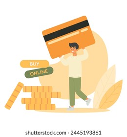 Man carrying huge bank card. Big heap of coins. Financial cashless payment. Flat vector illustration

