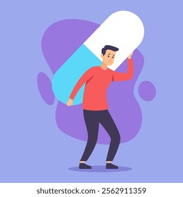 Man carrying huge capsule of painkiller vector illustration. Male cartoon character taking pill. Medicine, illness and healthcare concept