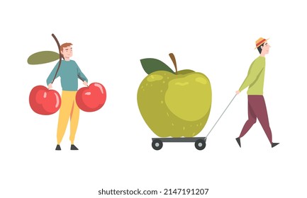 Man Carrying Huge Cherry and Pulling Trolley with Green Apple Vector Set