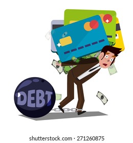 Man Carrying Huge Credit Card With Money. Debt From Credit Card. Concept Of Debt  - Vector Illustration