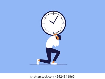 Man carrying huge heavy clock on shoulders. Time pressure, work deadline, overworked. Businessman office hardwork. Tired male person holds time burden on back. Overload, burnout vector illustration