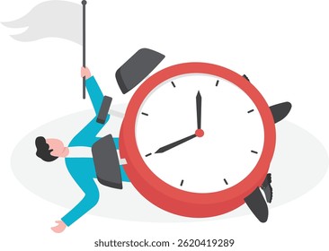 Man carrying huge heavy clock on shoulders. Time pressure, work deadline, overworked. Businessman office hardwork

