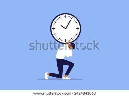 Man carrying huge heavy clock on shoulders. Time pressure, work deadline, overworked. Businessman office hardwork. Tired male person holds time burden on back. Overload, burnout vector illustration