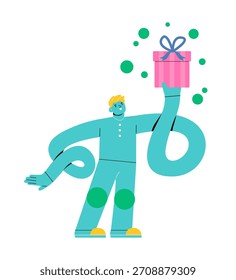 Homem carregando grande caixa de presente. Ilustração vetorial colorida 

