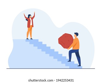 Man carrying huge stone and going upstairs. Staircase, rock, load flat vector illustration. Strength and physical power concept for banner, website design or landing web page