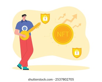 Man carrying key, keeping NFT account, investment of tech. Character design. Vector flat illustration