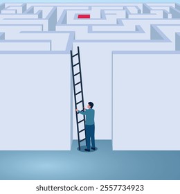 A man carrying a ladder to climb up the maze. Illustration for breaking the rules, freedom, innovation, and thinking outside the box.