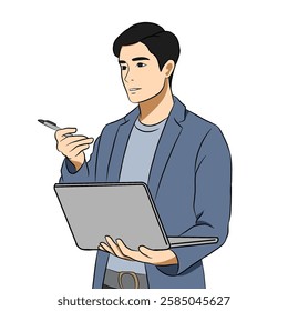 Man carrying laptop, businessman, vector illustration, icon isolated on white background.