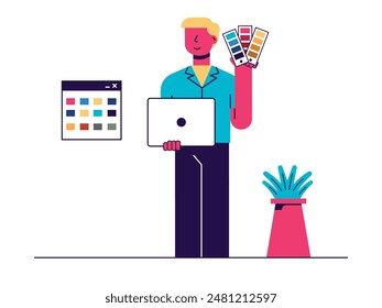 Man carrying laptop and color palette, art graphic design. Character design. Vector flat illustration