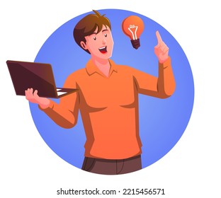 a man carrying a laptop and thinking with a lightbulb