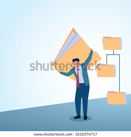 A man carrying a large folder on his head. A metaphorical illustration for data archiving, file organization and document access.