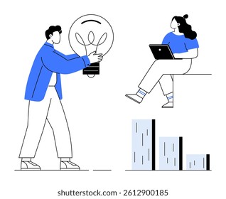 Man carrying a large light bulb and woman sitting with a laptop, accompanied by bar chart. Ideal for business presentations, teamwork, innovation, technology, data analysis, brainstorming, education
