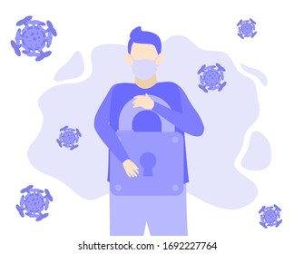 a man carrying a large padlock. This illustration was made for Corona Virus Lockdown. Purple people cartoon doodle