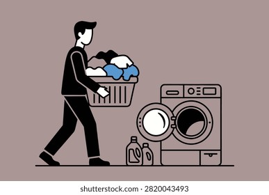 Man carrying a laundry basket full of clothes towards an open washing machine in a simple illustrated scene of domestic chores.