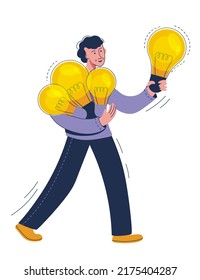 Man carrying lightbulbs as symbol of creative idea. Businessman and light bulbs. Concept of creativity, insights, and inspiration. Vector illustration
