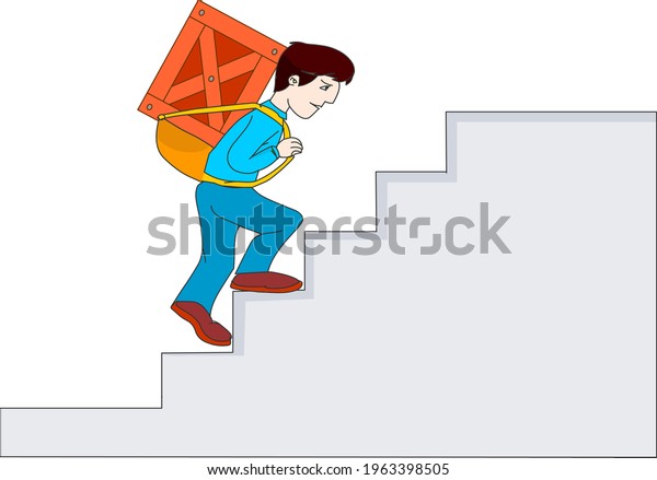 Man carrying a\
load on his back up the stairs. Carrier climbs the ladder with a\
heavy wooden box on his back. Transport, physics, , load, effort,\
angle. Illustration vector