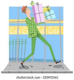 Man carrying loads of presents at storefront (Fifties style)
