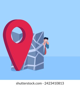 Man carrying magnify behind map and pin, metaphor for moving location. Simple flat conceptual illustration.