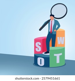 A man carrying a magnify stands on a swot pie chart. Illustration of swot analysis, strengths, weaknesses, opportunities, and threats.