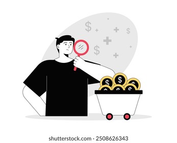 Man carrying a magnifying glass looking to invest his money. financial saving. Character design. Vector flat illustration