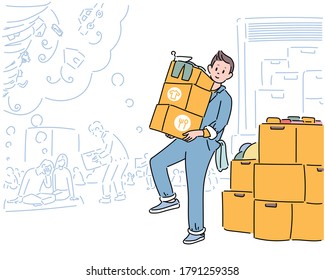A man is carrying many boxes on a truck. hand drawn style vector design illustrations. 