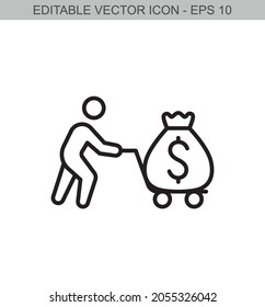 Man carrying money bag. Editable line icon.