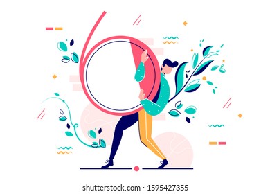 Man carrying number six vector illustration. Male character walking with red big number flat style design. Greeting card with festive decoration concept