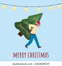 Man carrying on the back a Christmas tree. Prepare to celebrate Christmas and New Year. Flat cartoon vector illustration