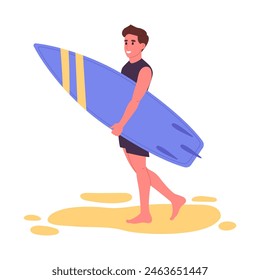 Man carrying on surf board. Guy with surf board on beach, water sport and recreation flat vector illustration. Cartoon male character doing extreme sport