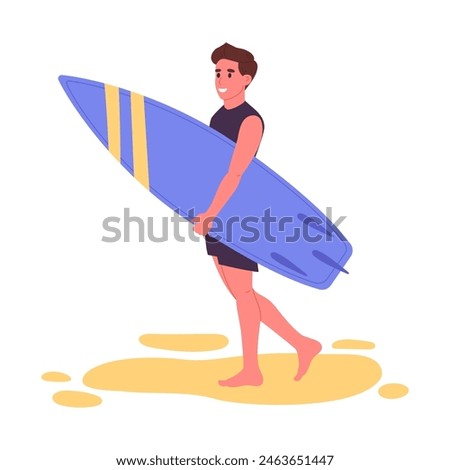 Man carrying on surf board. Guy with surf board on beach, water sport and recreation flat vector illustration. Cartoon male character doing extreme sport