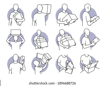 Man Carrying And Opening A Box. Vector Illustrations Of A Person Holding Small And Big Boxes. Man Unboxing The Box And Checking The Item Inside On A Table.