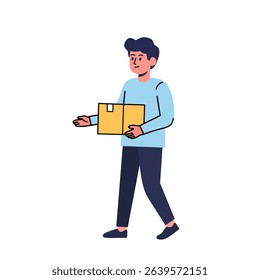 A man carrying a package or parcel in hand. Suitable for themes about delivery service, e-commerce, courier, logistics, or manual work vs automation contrast