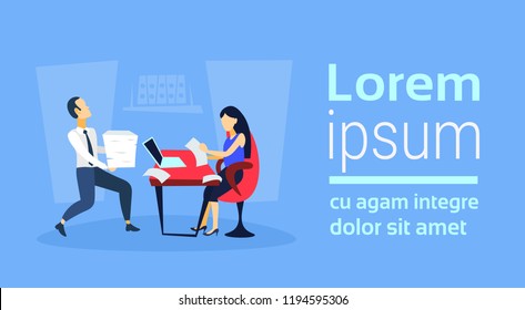 man carrying paper documents stack businesswoman sitting workplace using laptop office desk paperwork burden stress overwork reports finance business accounting concept flat horizontal copy space